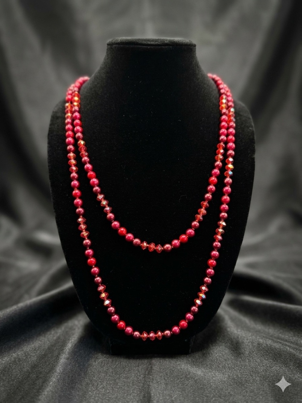 Stunning 2-in-1 Long Red Faux Pearl & Crystal Bead Strand Necklace
